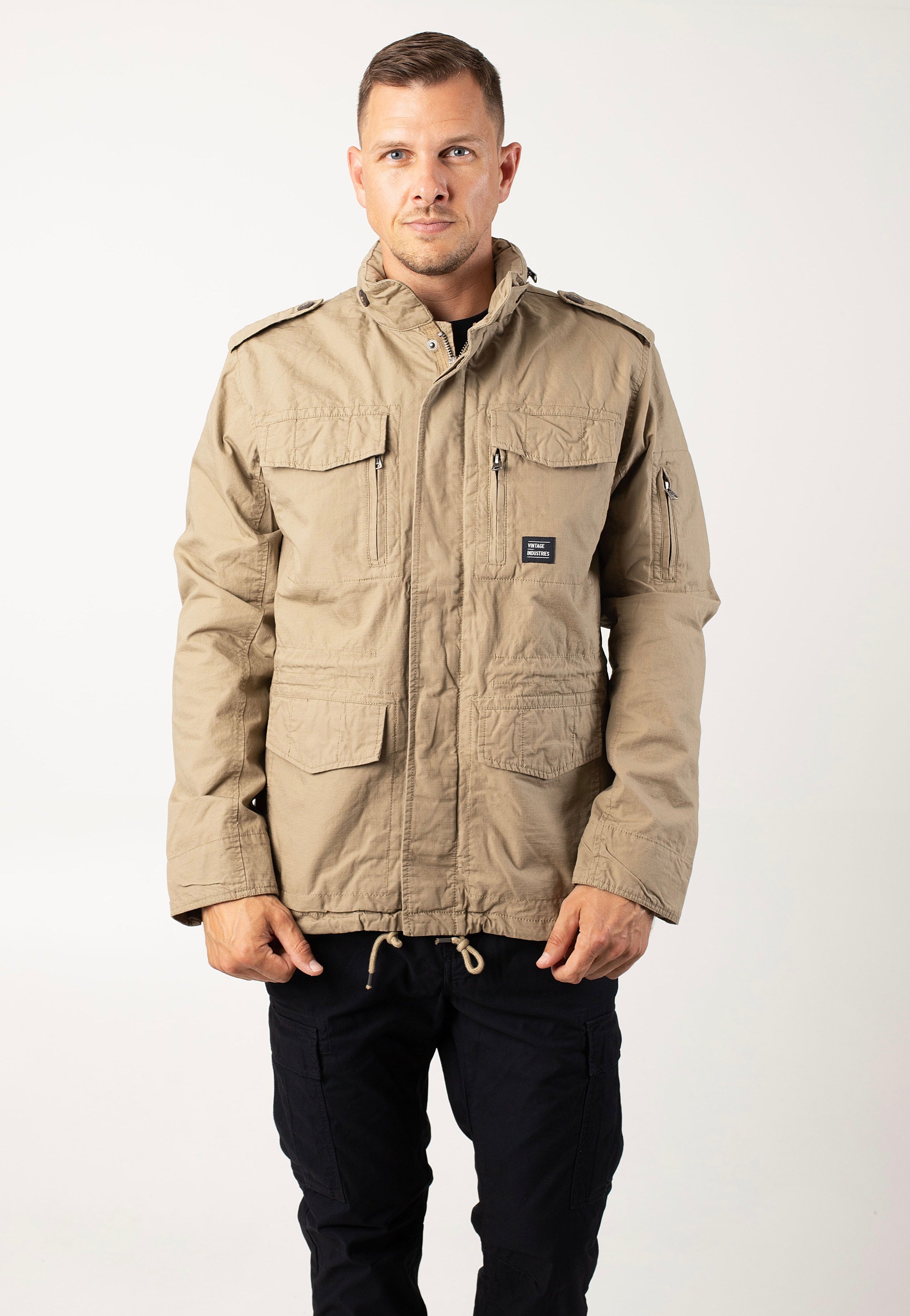 vintage-industries-cranford-dark-khaki-veste-canvas-beige image 2