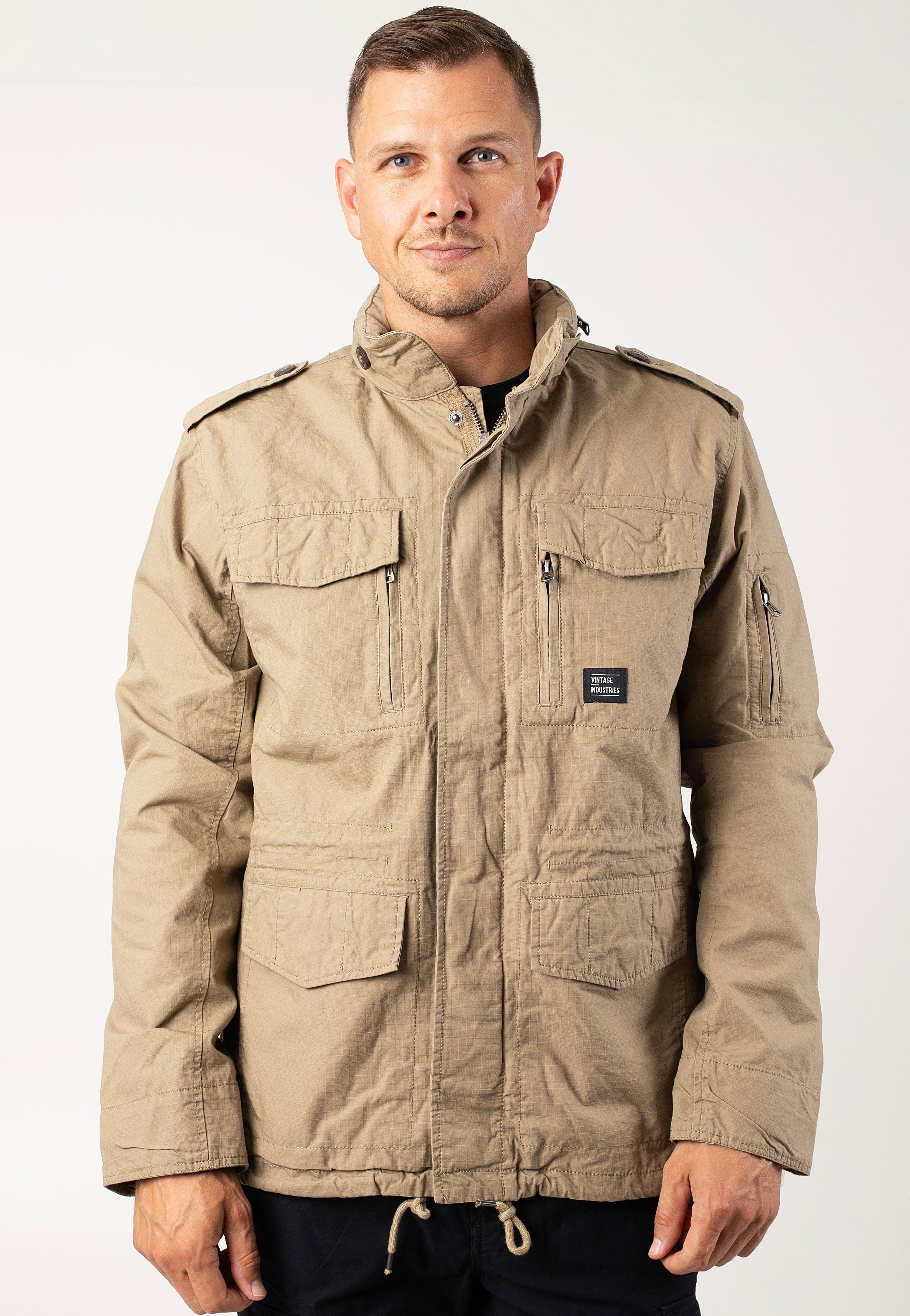 vintage-industries-cranford-dark-khaki-veste-canvas-beige image 1
